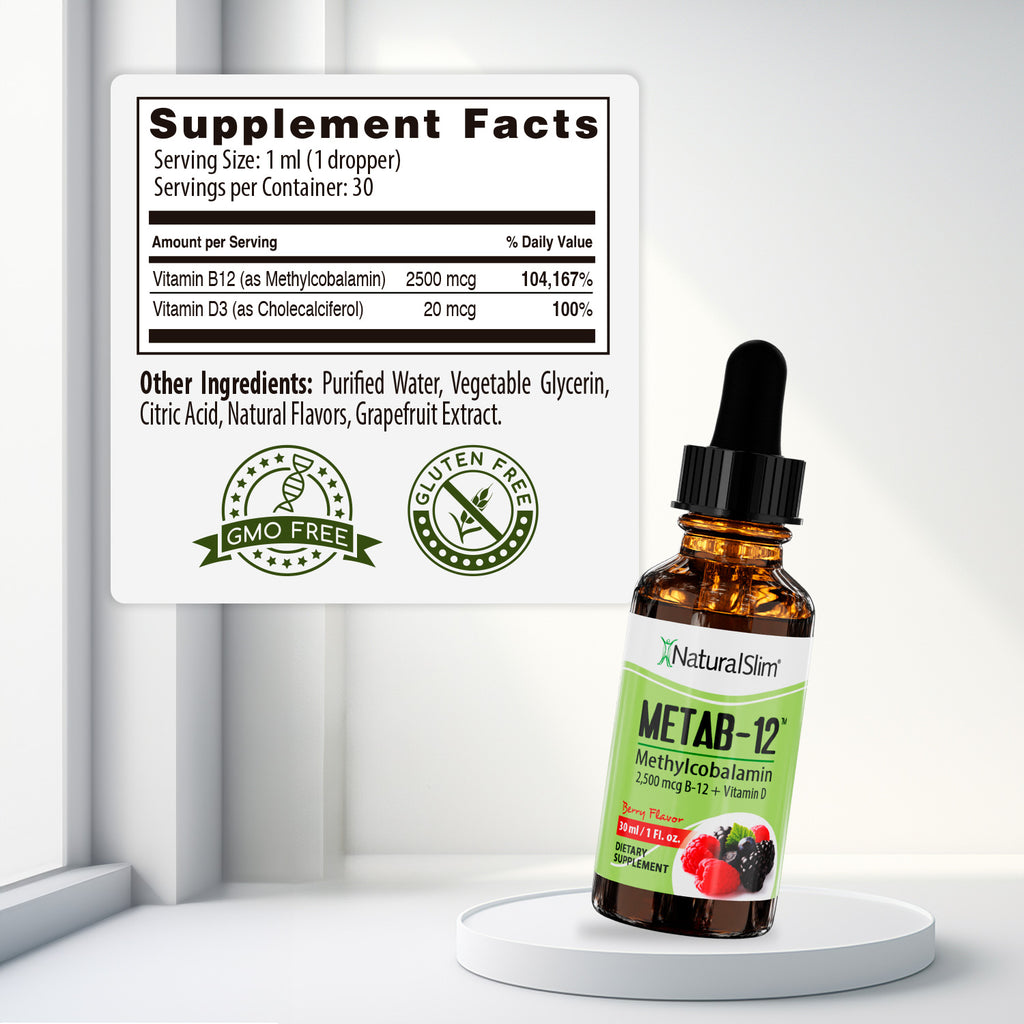 METAB - 12® Berry Liquid Vitamin B - 12 (methylcobalamin) + Vitamin D - NaturalSlim USA