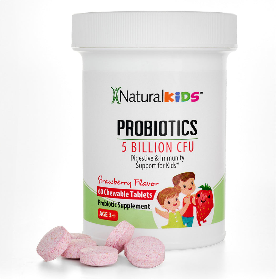 NaturalKids® PROBIOTICS™ Tabletas masticables 5 mil millones de UFC por porción | Probióticos en tableta masticable 60 tabletas masticables | Sabor Fresa