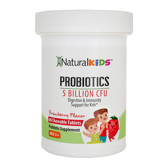 NaturalKids® PROBIOTICS™ Chewable Tablets 5 billion CFU per serving : Probiotics in chewable tablet 60 chewable tablets : Strawberry Flavor