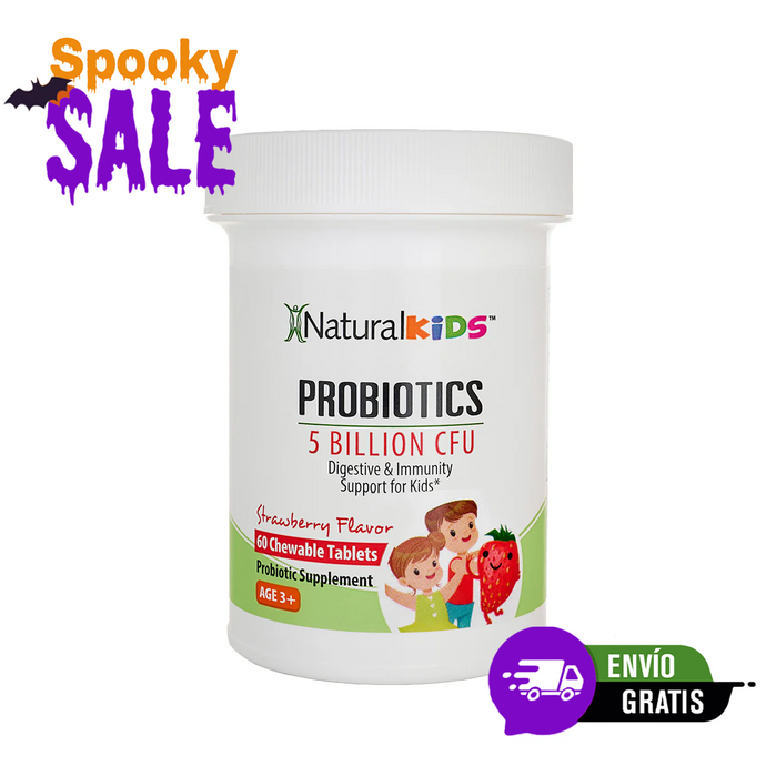 NaturalKids® PROBIOTICS™ Tabletas masticables 5 mil millones de UFC por porción | Probióticos en tableta masticable 60 tabletas masticables | Sabor Fresa