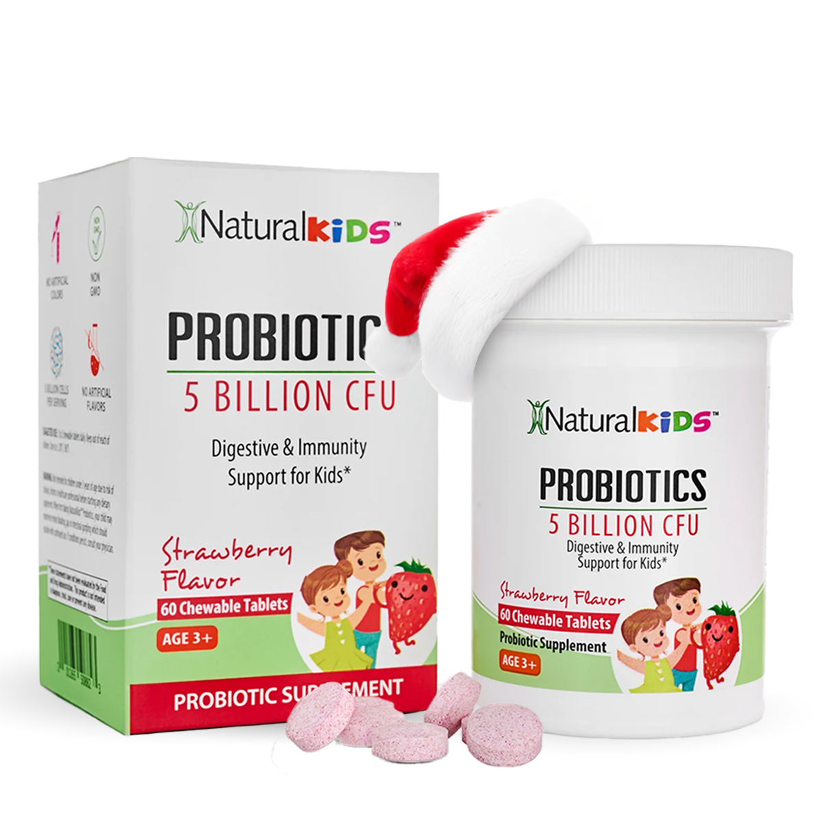 NaturalKids® PROBIOTICS™ Chewable Tablets 5 billion CFU per serving : Probiotics in chewable tablet 60 chewable tablets : Strawberry Flavor