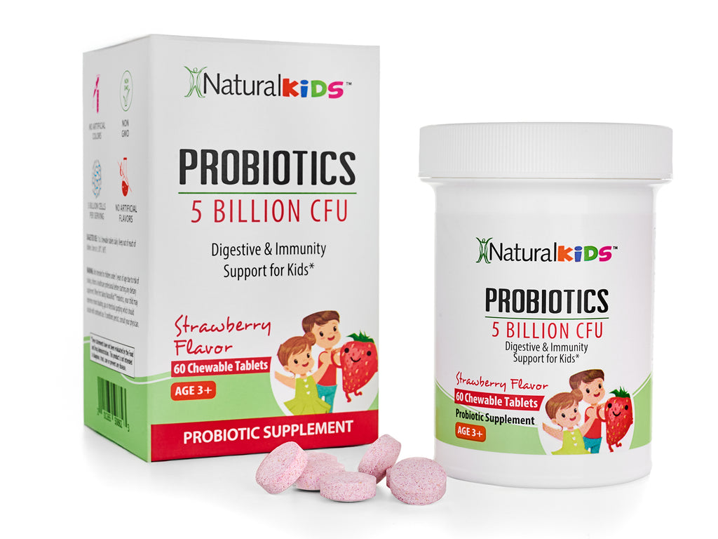 NaturalKids® PROBIOTICS™ Tabletas masticables 5 mil millones de UFC por porción | Probióticos en tableta masticable 60 tabletas masticables | Sabor Fresa - NaturalSlim USA