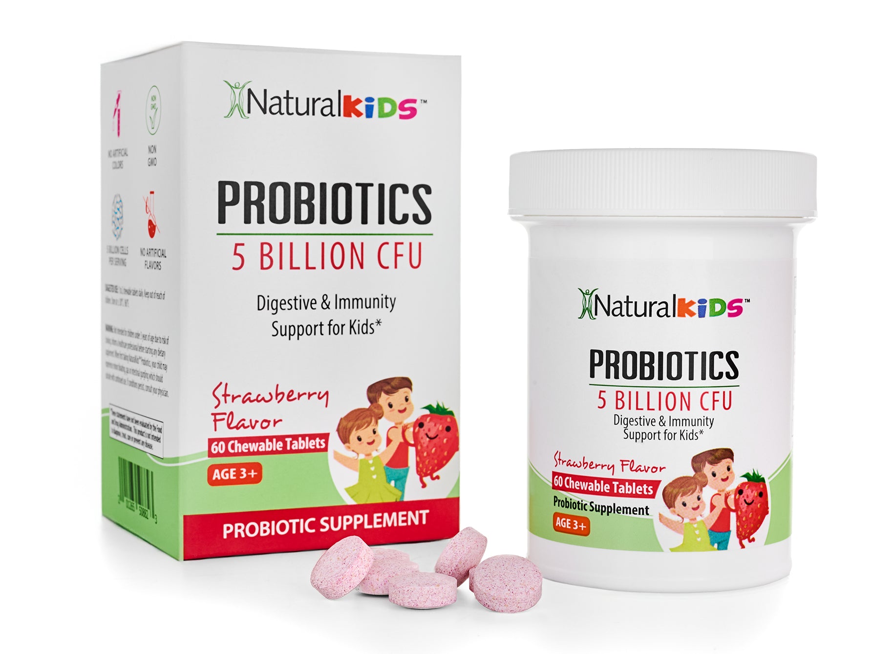 NaturalKids® PROBIOTICS™ Tabletas masticables 5 mil millones de UFC por porción | Probióticos en tableta masticable 60 tabletas masticables | Sabor Fresa - NaturalSlim USA