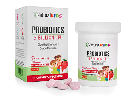 NaturalKids® PROBIOTICS™ Tabletas masticables 5 mil millones de UFC por porción | Probióticos en tableta masticable 60 tabletas masticables | Sabor Fresa - NaturalSlim USA