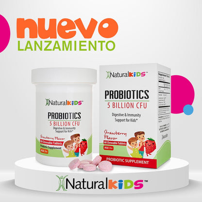 NaturalKids® PROBIOTICS™ Tabletas masticables 5 mil millones de UFC por porción | Probióticos en tableta masticable 60 tabletas masticables | Sabor Fresa - NaturalSlim USA