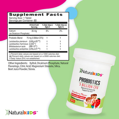 NaturalKids® PROBIOTICS™ Tabletas masticables 5 mil millones de UFC por porción | Probióticos en tableta masticable 60 tabletas masticables | Sabor Fresa - NaturalSlim USA