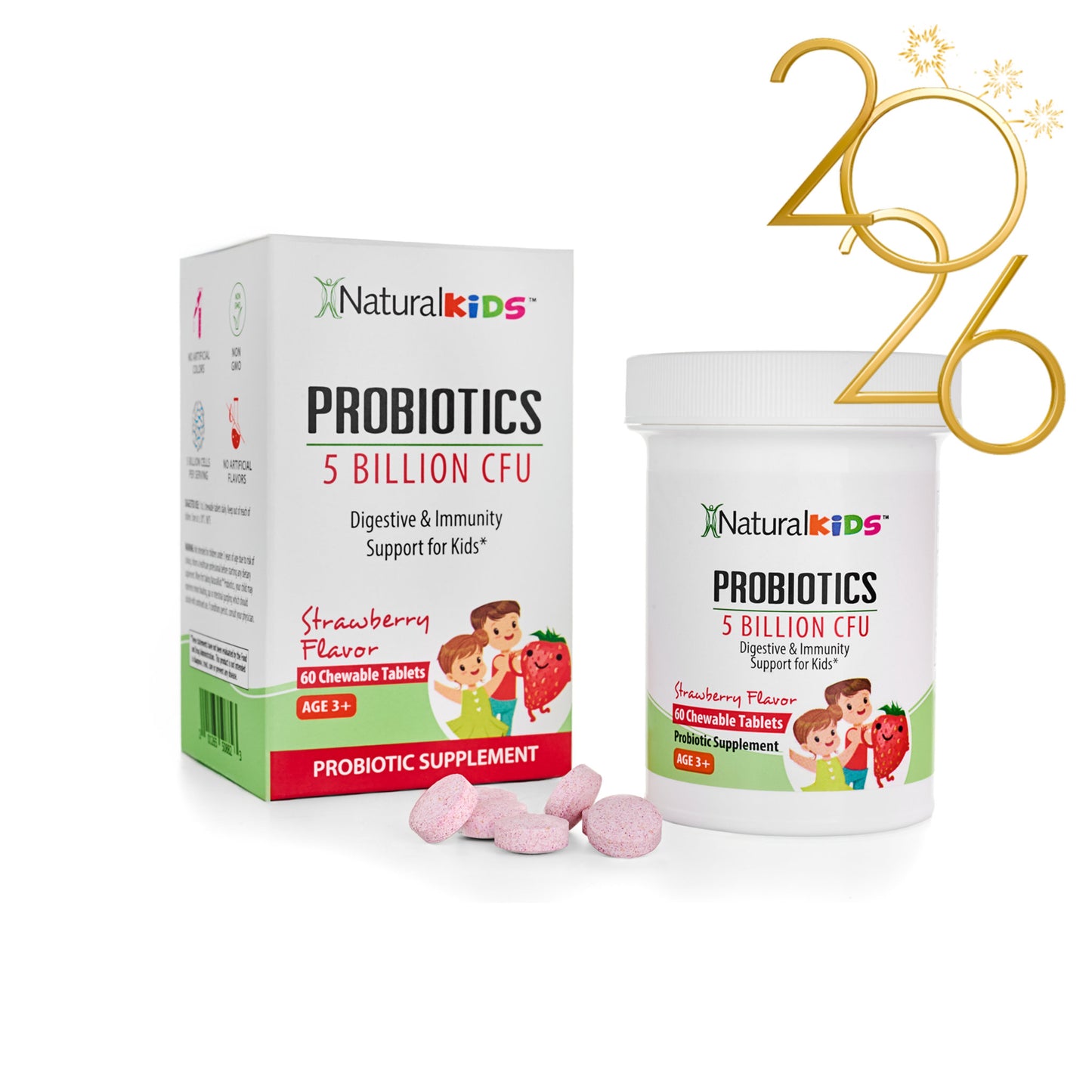 NaturalKids® PROBIOTICS™ Tabletas masticables 5 mil millones de UFC por porción | Probióticos en tableta masticable 60 tabletas masticables | Sabor Fresa - NaturalSlim USA